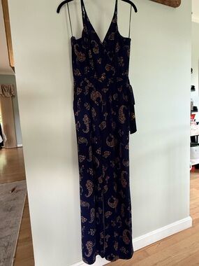 Kaileigh Navy & Gold Paisley Wrap Wide-Leg Jumpsuit – Medium